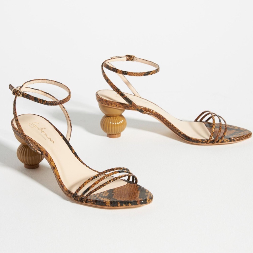 NWOT ☀️ Guilhermina Anthropologie Sculptural Brown snake print Heel Sandals